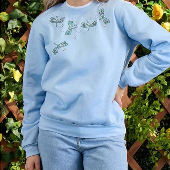 morning sun Tops - Light Blue Crewneck with Dragonfly Embroidery